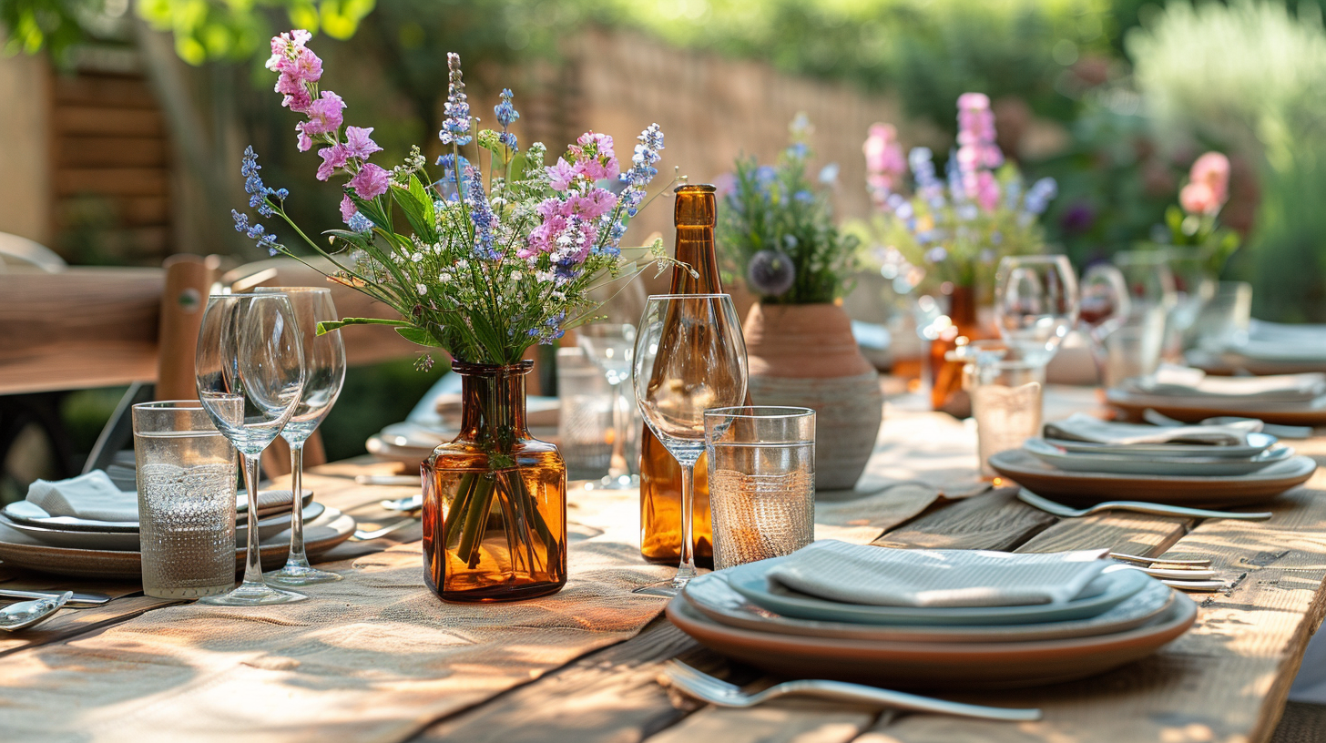 Rustic summer table decorations with simple floral arrangements.