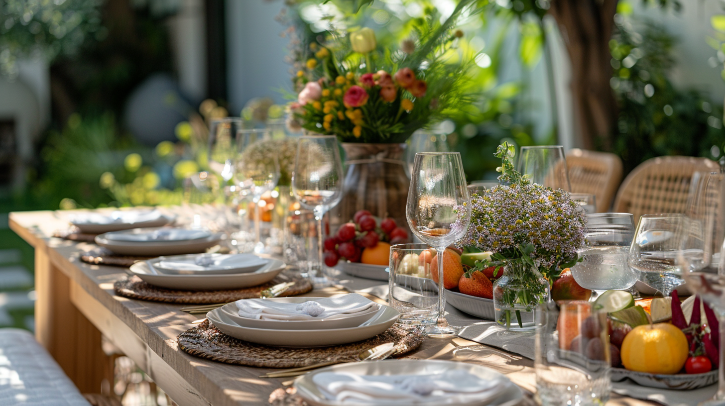 Elegant summer table decorations in a lush garden setting.