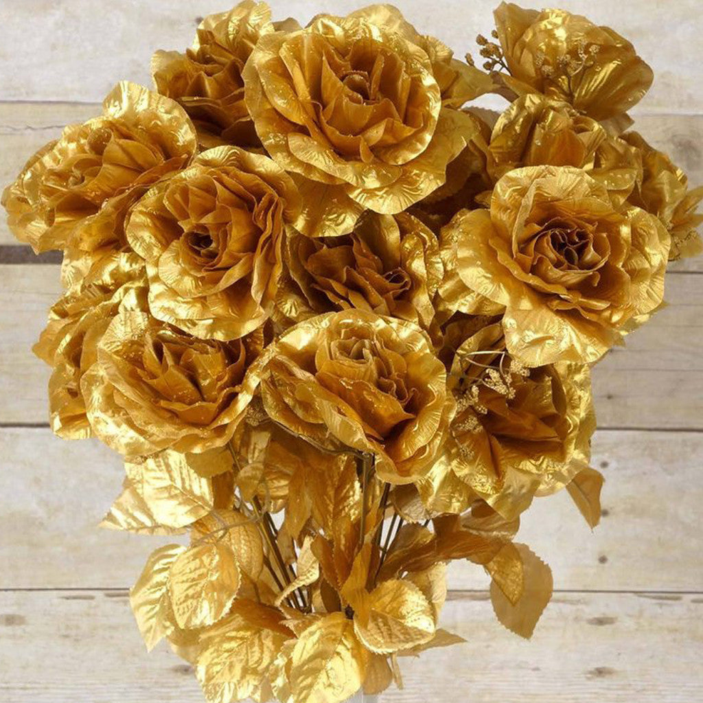 96 Artificial Gold Giant Silk Open Roses Wedding Bridal Bouquet