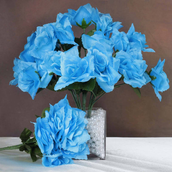 12 Bushes 84 pcs Turquoise Artificial Silk Rose Flowers With Green ...