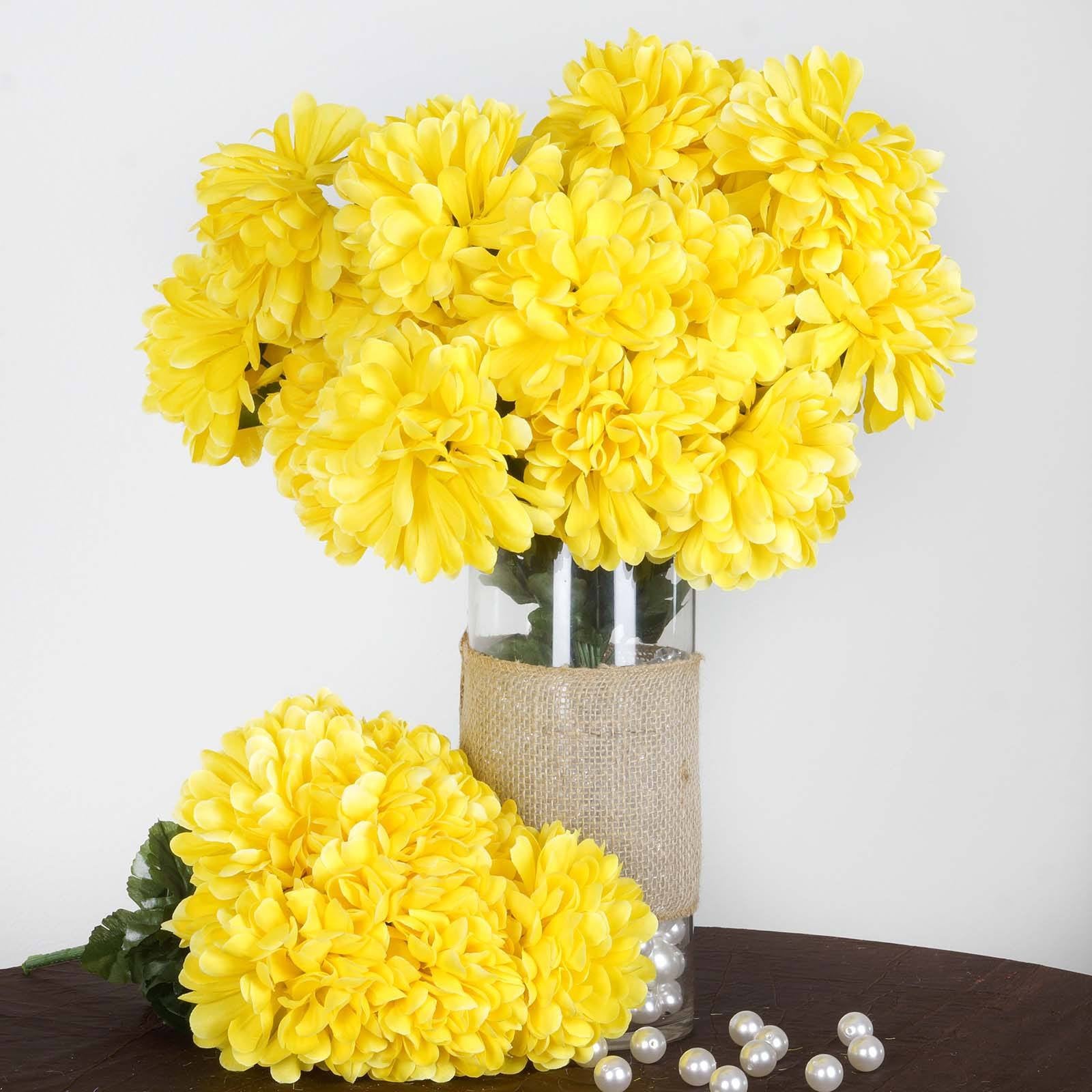 56 Artificial Yellow Silk Chrysanthemum Flowers Bush Wedding Bridal