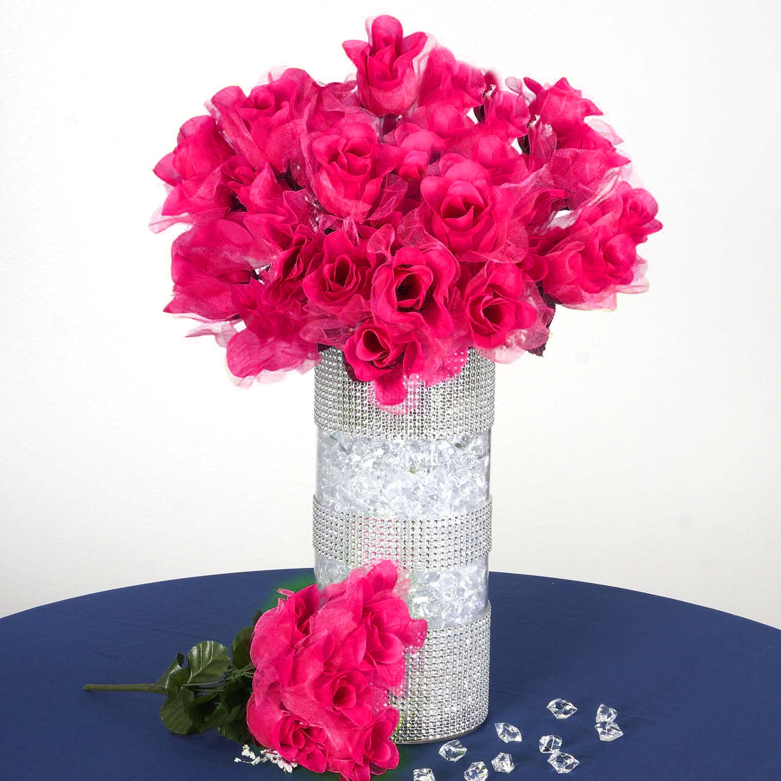 12 Bush 84 Pcs Fushia Artificial Organza Rose Bud Flowers Efavormart