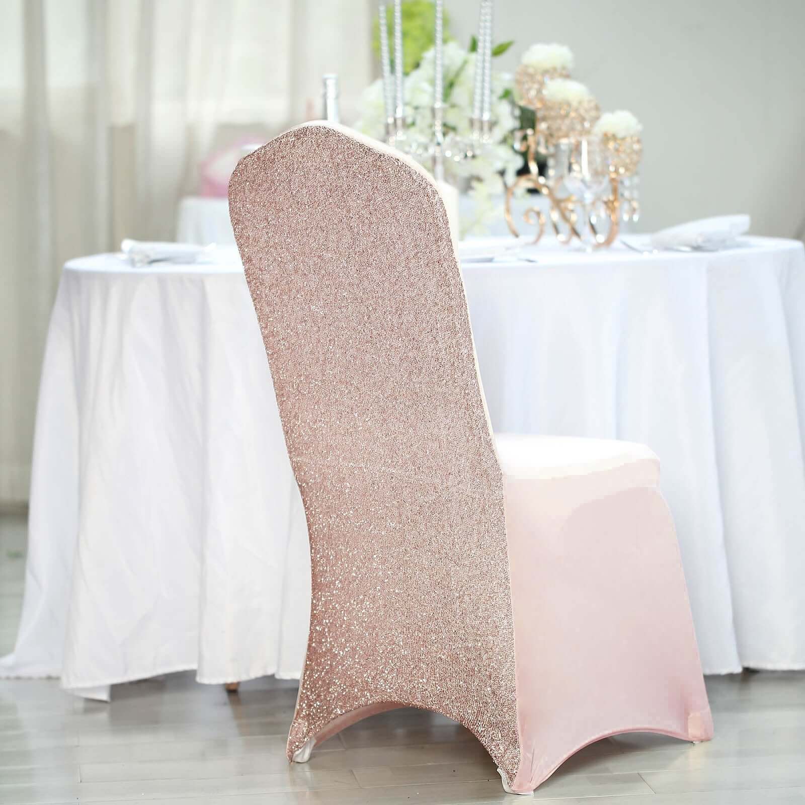 Blush Spandex Stretch Banquet Chair Cover, Fitted with Metallic Shimmer Tinsel Back