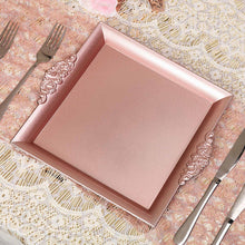 2 Pack 10 Inch Blush Rose Gold Square Acrylic Serving Trays With Embossed Rims