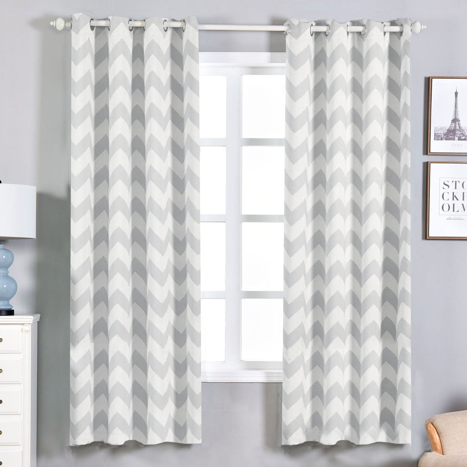 Pack Of 2 52x84 Chevron Design Thermal Blackout Curtains With Chrome Grommet Window Treatment Panels White Silver Efavormart