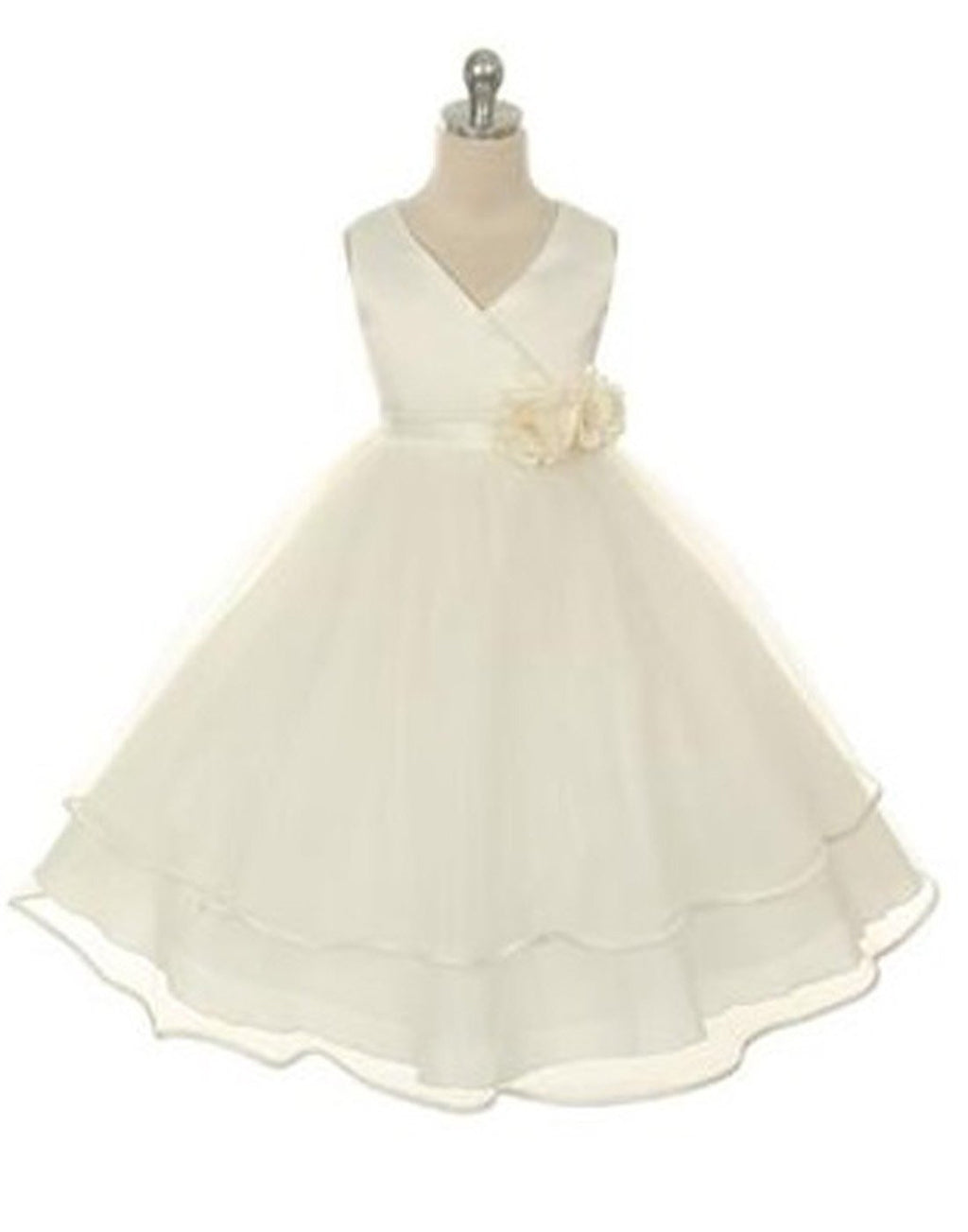 V-neck Satin Bodice and Tulle Layered Skirt Dress - Ivory | eFavorMart