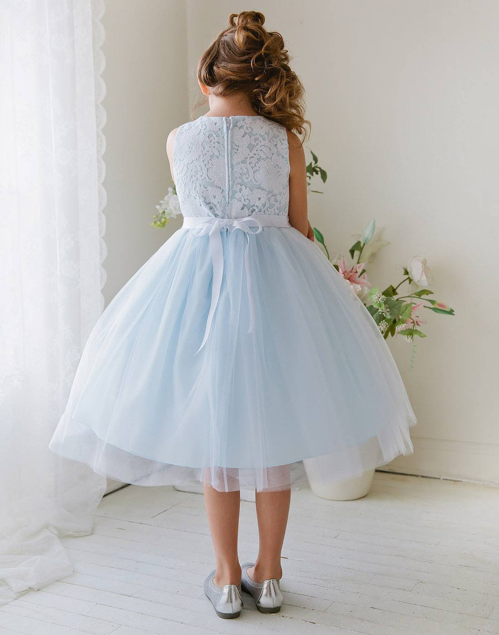 Glamorous and Lace tulle Dress with Flower Accented Belt - Light Blue ...