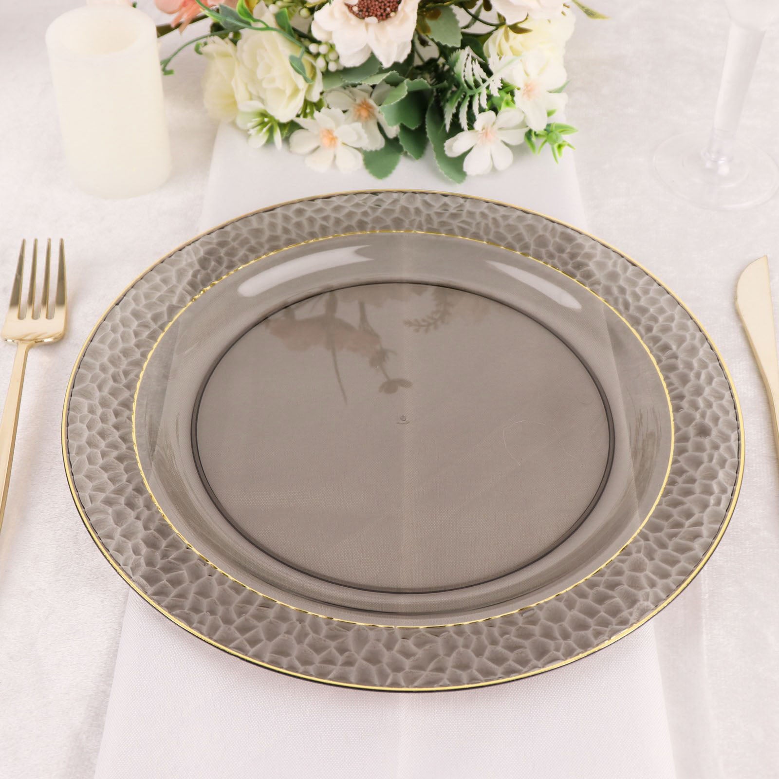 Gold Rim Plastic Dinner Plates, Round Hammered Design | eFavormart
