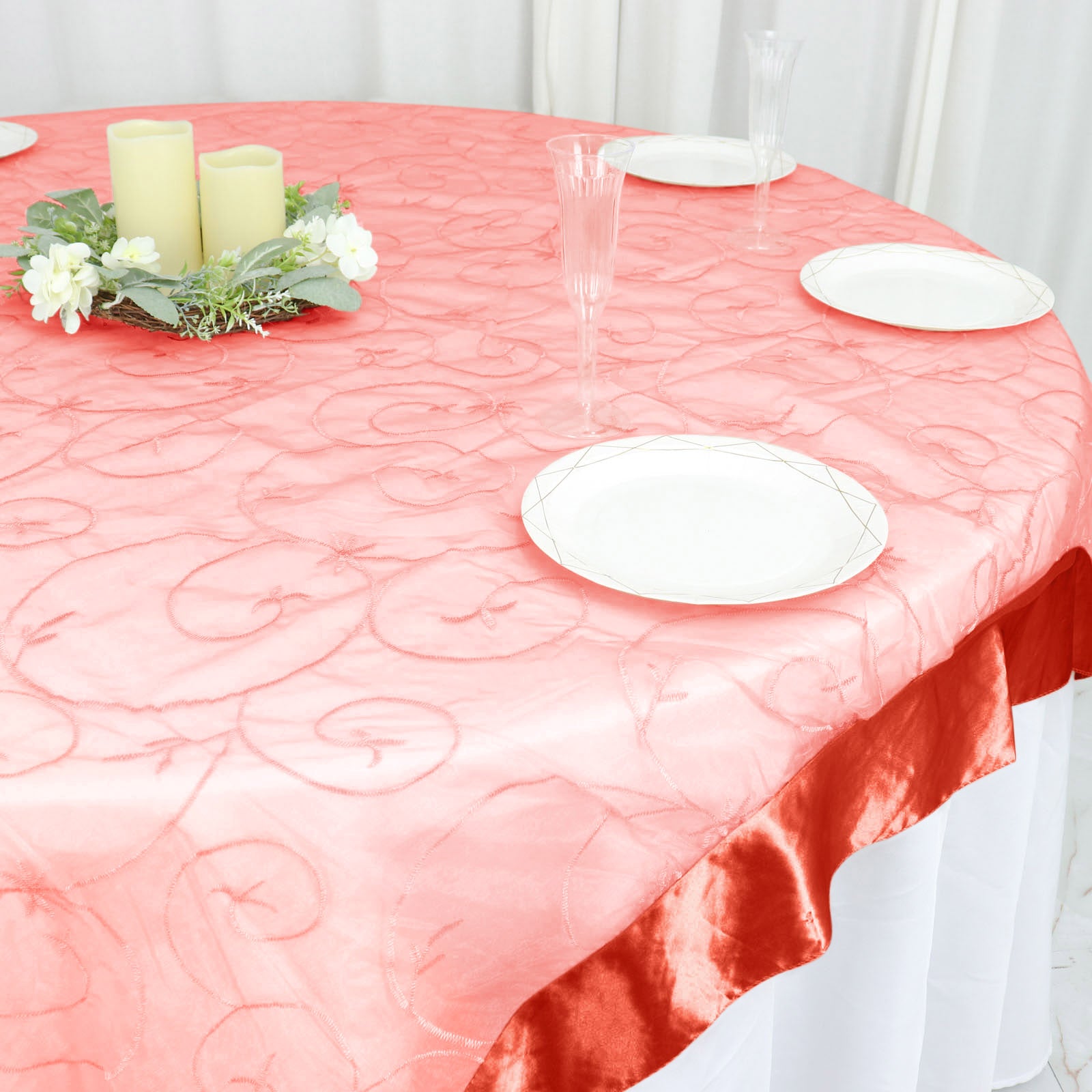 72 X 72 Terracotta Satin Edge Embroidered Sheer Organza Square Table Overlay Efavormart