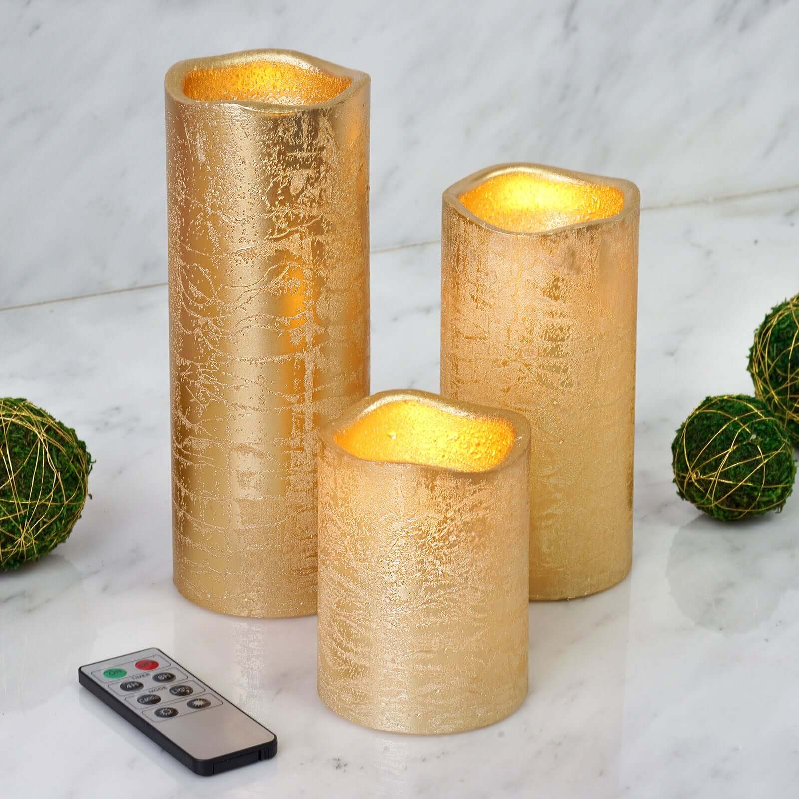 Set Of 3 Metallic Gold Flameless Candles Battery Operated Led Pillar Candle Lights With