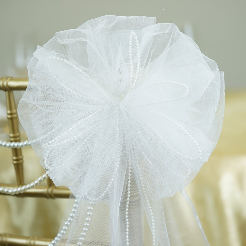24 Organza Ribbon With Pearl String White Flowers Wedding Pew Bows