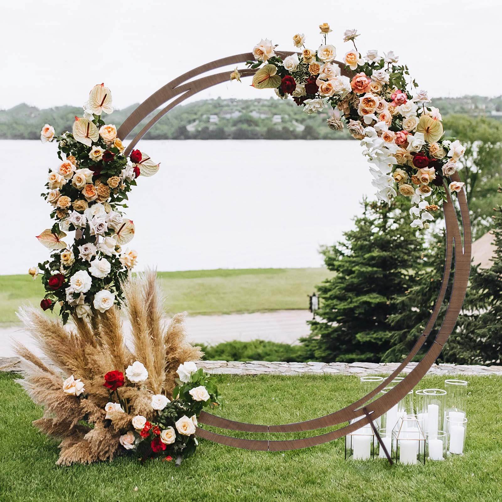 Rustic Natural Brown Wood Wedding Arch Photo Backdrop Stand, DIY Round Event Party Arbor 8ft - efavormart.com product image