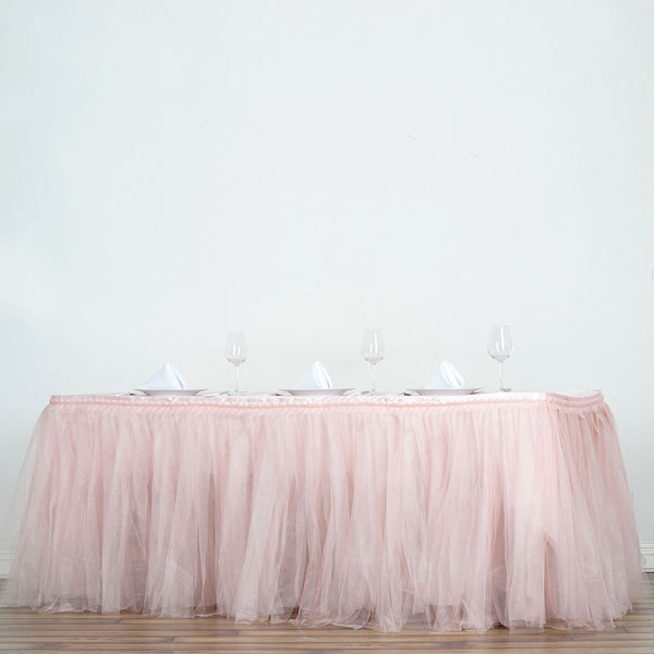 21ft Blush Two Layered Pleated Tulle Tutu Table Skirt With Satin Edge Efavormart 