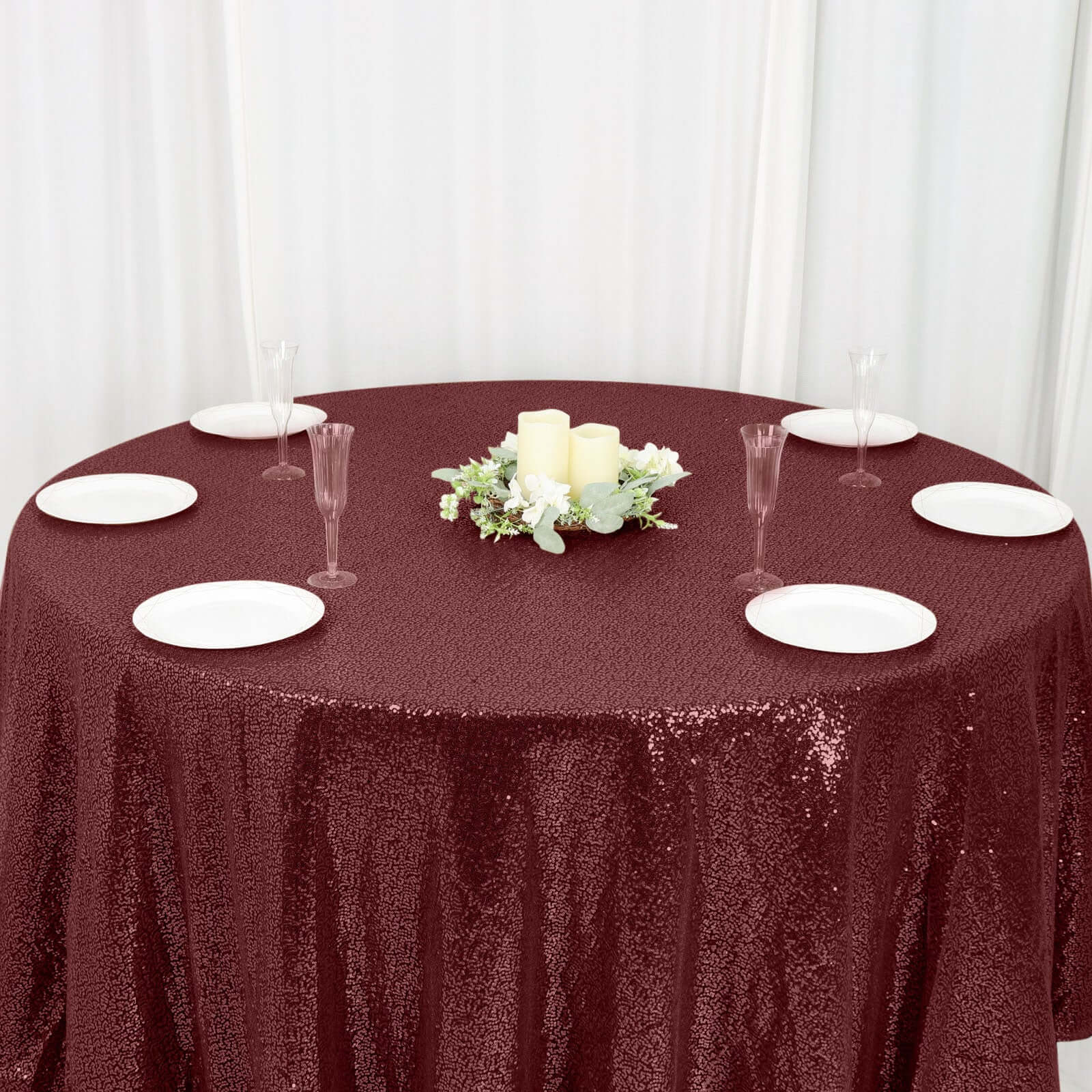 120 Burgundy Premium Sequin Round Tablecloth Efavormart 0637