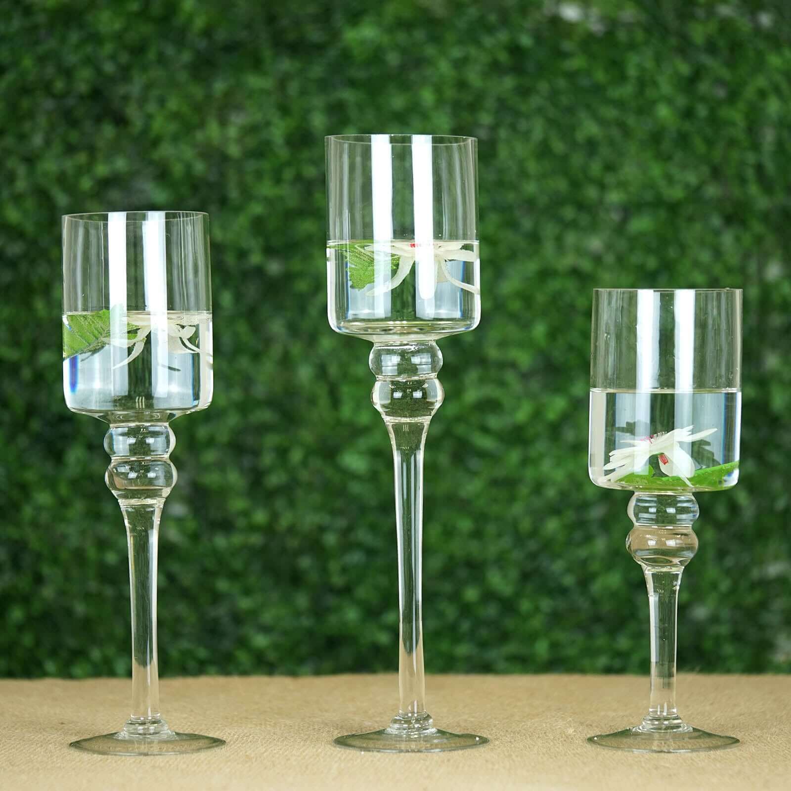 Set Of 3 Clear Long Stem Cylinder Glass Vase Candle Holders Efavormart