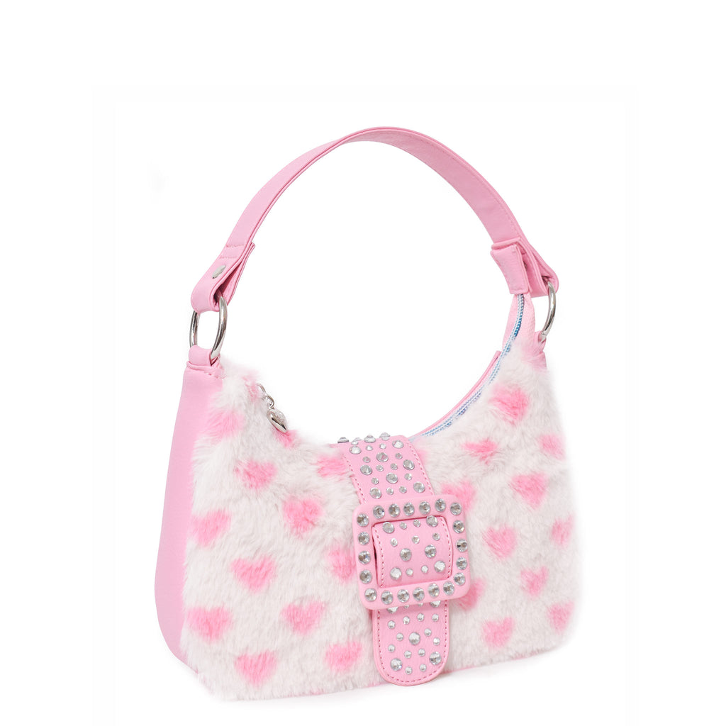 OMG Accessories Kids' Mini Checker Print Plush Faux Fur Dome Satchel in Flamingo