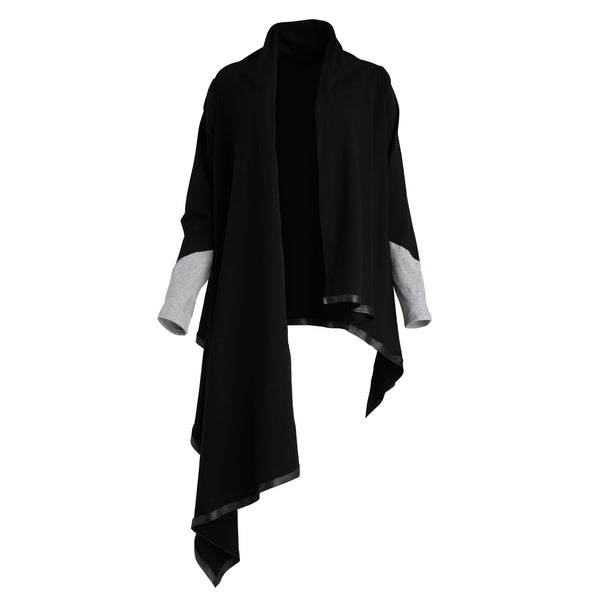 A black waterfall cardigan in organic cotton with up-cycled bike tubes on the hem by Malaika New York