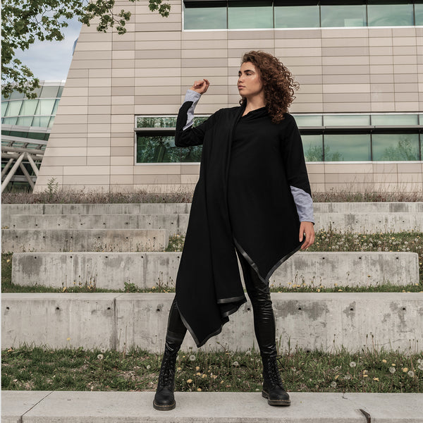 Waterfall asymmetrical black cardigan in organic cotton with an up-cycled biketube hem by Malaika New York