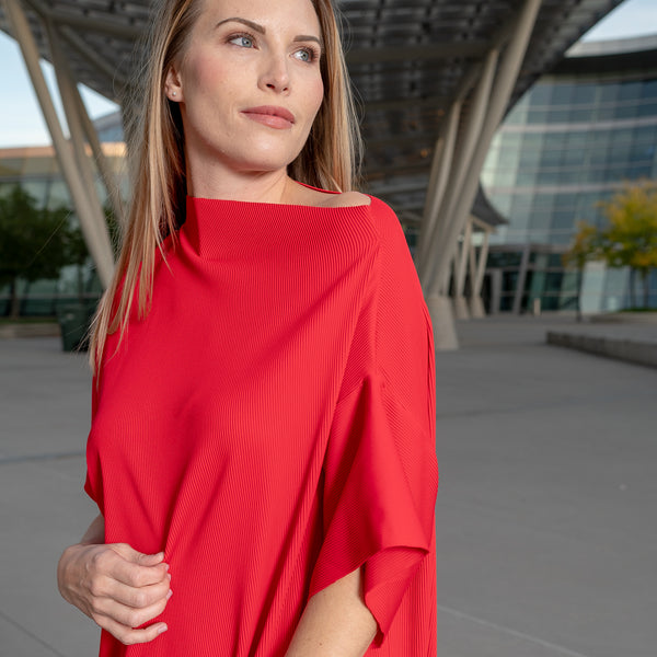 pleated red shift dress