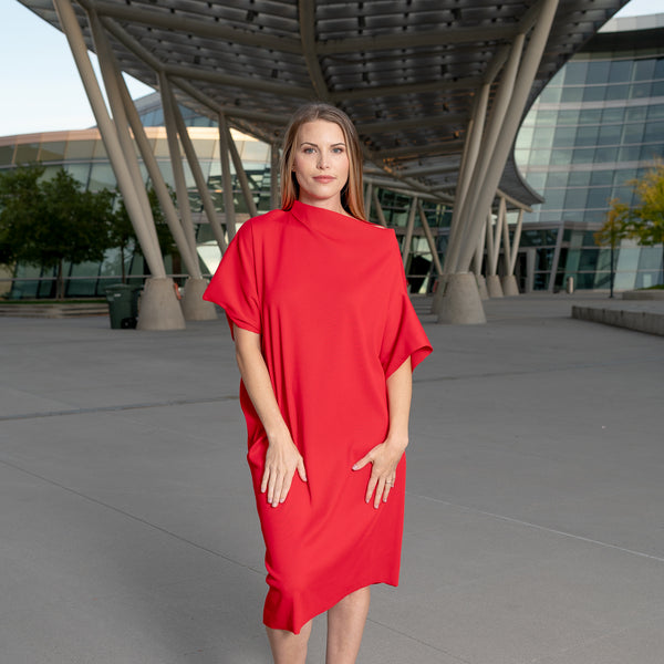 Pleated red shift dress by Malaika New York