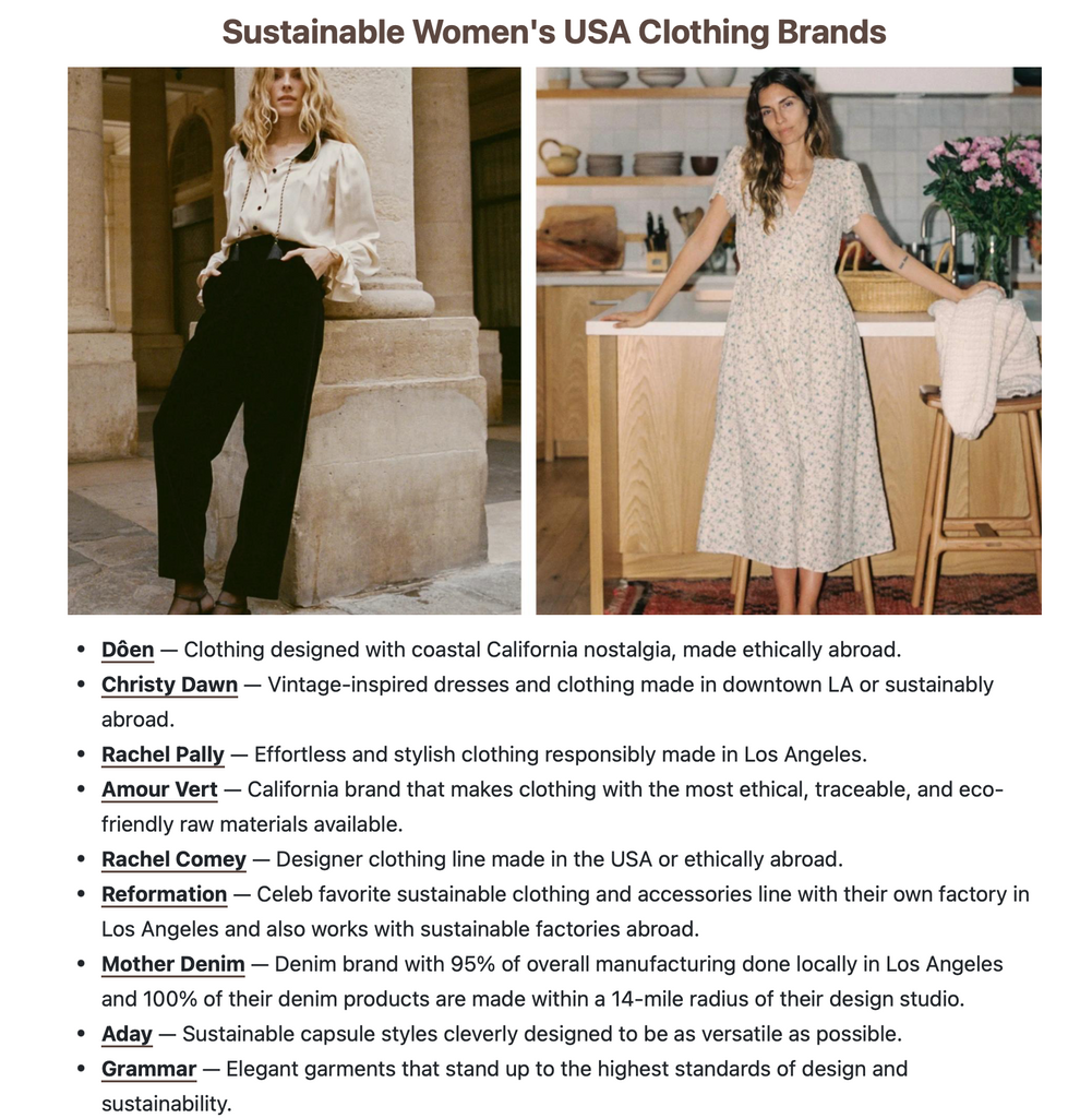 Sustainable and ethical women wear brands in the USA