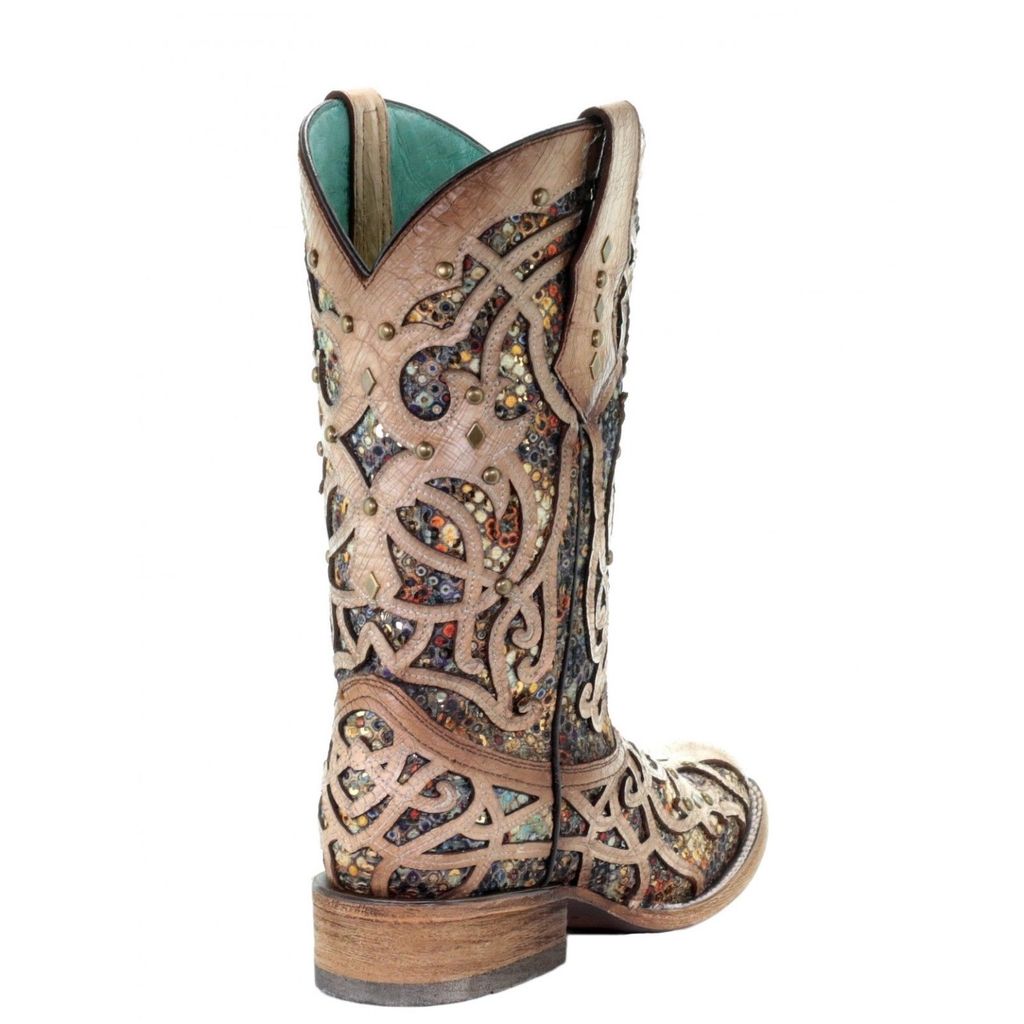 Corral Ladies Bone & Multicolor Inlay & Studs Square Toe Boots Style C