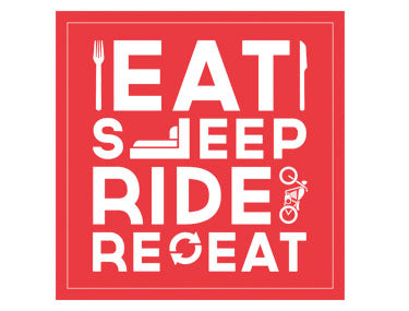 White T-shirt with 'Eat Sleep Ride Repeat' slogan over red background