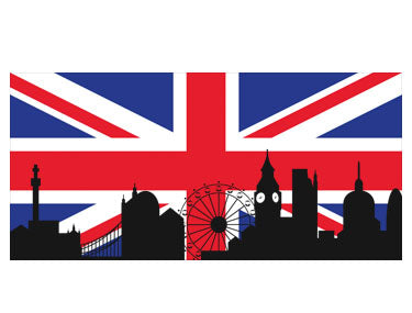 The panorama of London city over Union Jack background on black t-shirt.