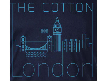 London city silhouettes printed on a cotton Navy T-shirt with turquoise accent.