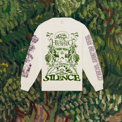 Long Sleeve shirt by Awake Happy with sleeve prints and front print saying the Rhythm of Silence