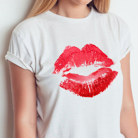 red lipstick and a tshirt shirt