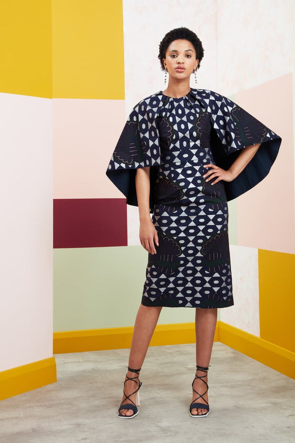 African Print Cape Dress - Navy African Midi Dress - Sika’a