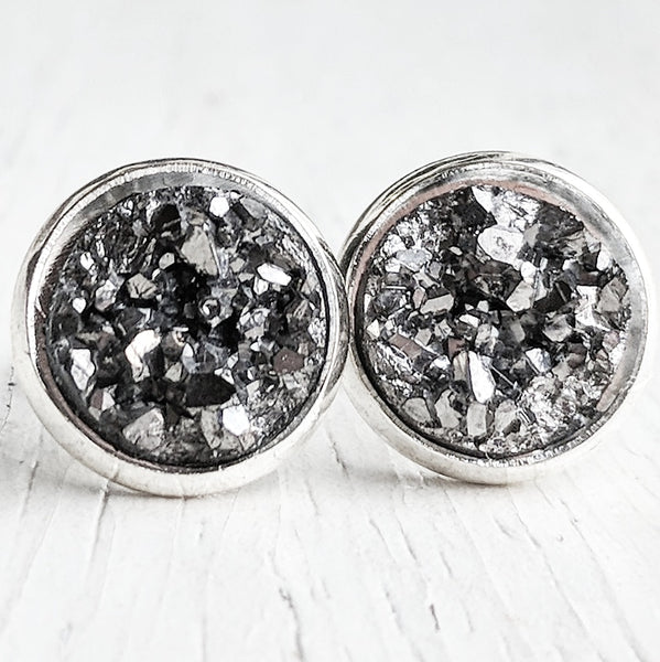 Gunmetal on Silver - Druzy Stud Earrings - Hypoallergenic Posts – Jenna ...