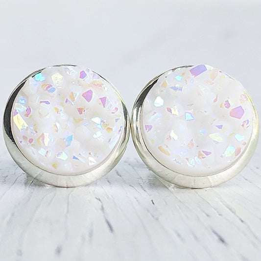 Round Druzy Earrings Iridescent Opal With Silver Trim – Strands