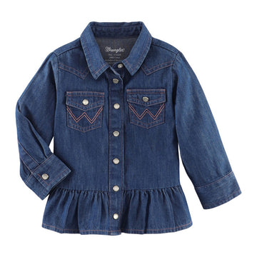 Girls Denim Ruffle Long Sleeve Shirt