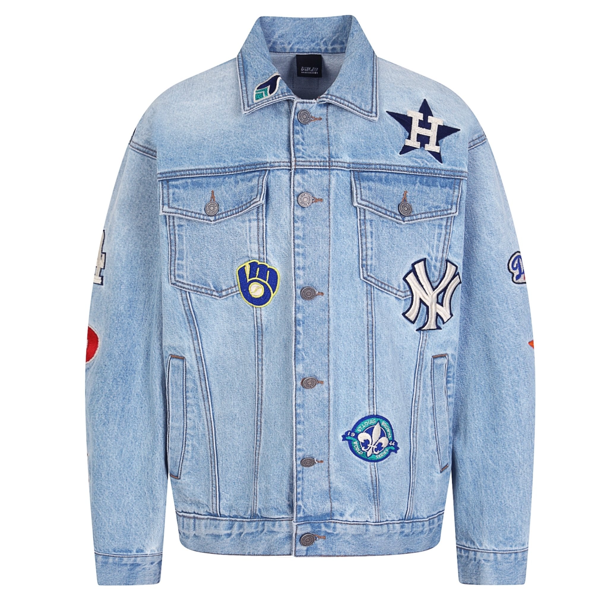 Áo bò MLB Womens Jacquard Monogram Denim Trucker Jacket New York Yankees  3FDK0101450BLD