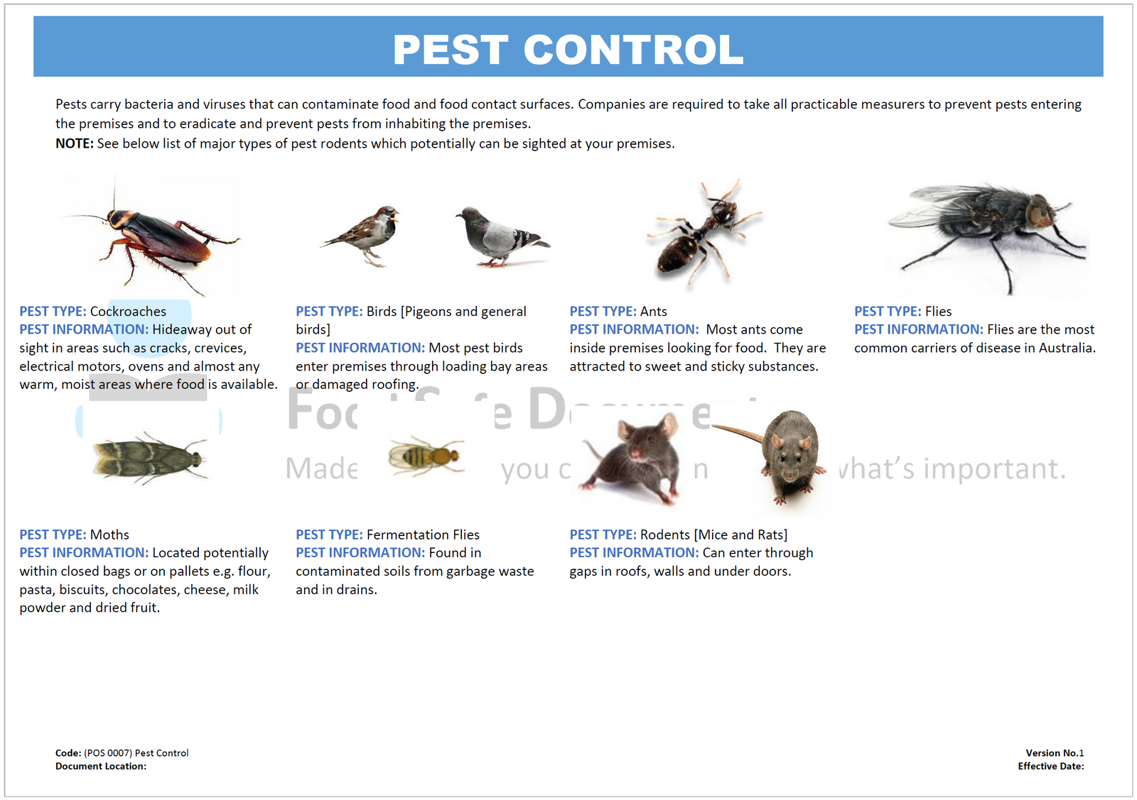 Pest Control Food Safe Documents