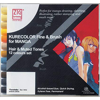 Zig Kurecolor Fine Brush For Manga 12 Colors Set Lobarn