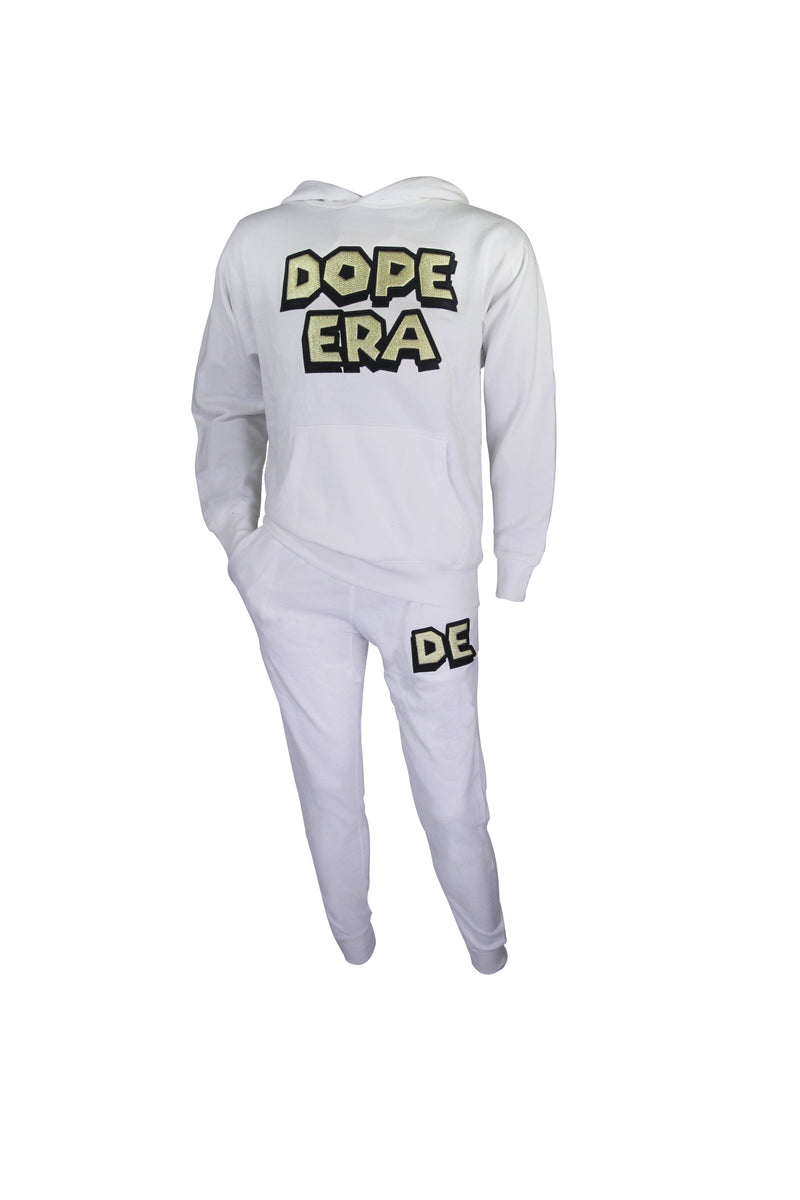 white and gold sweatsuit