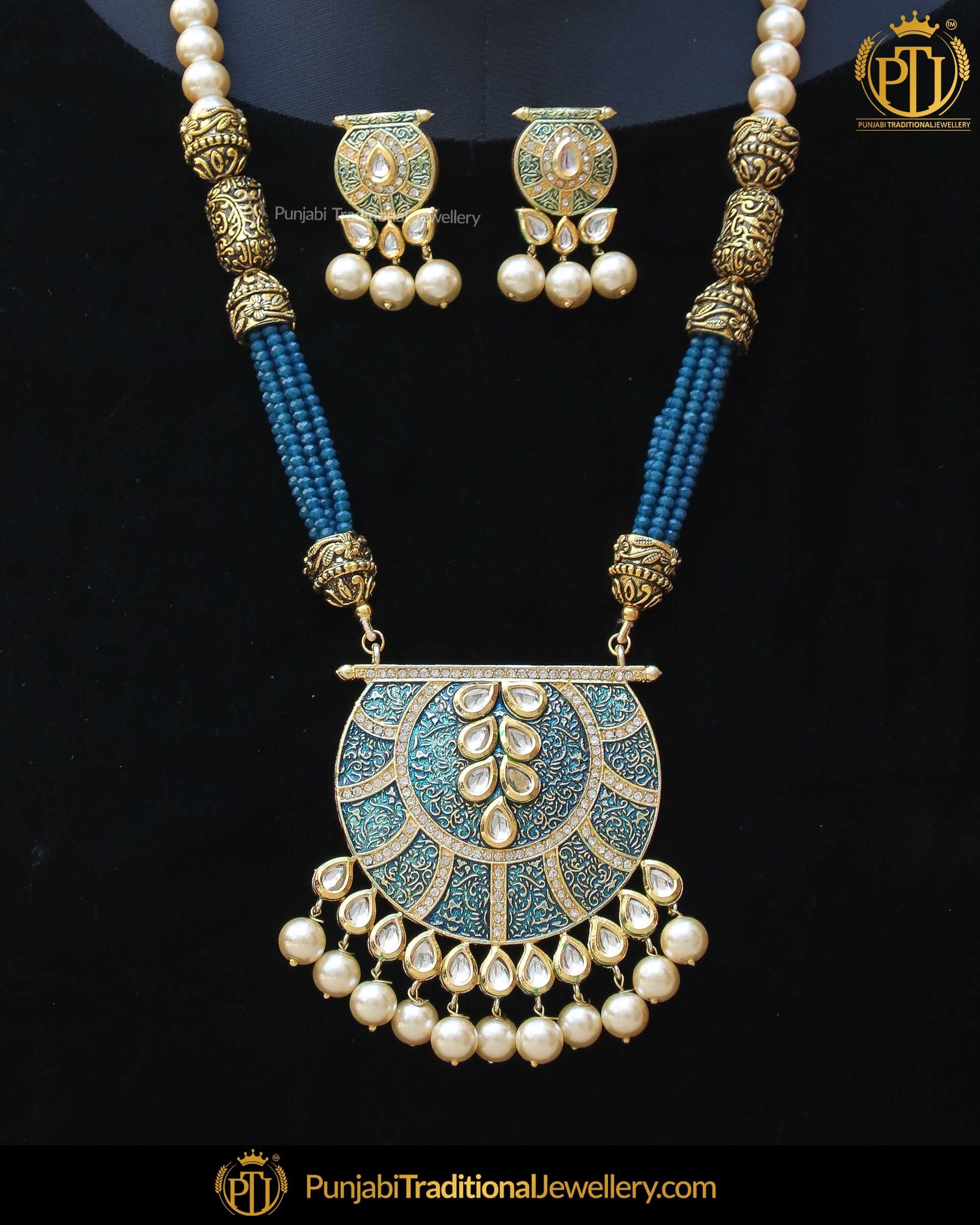 Gold Finished Blue Kundan Long Pearl 