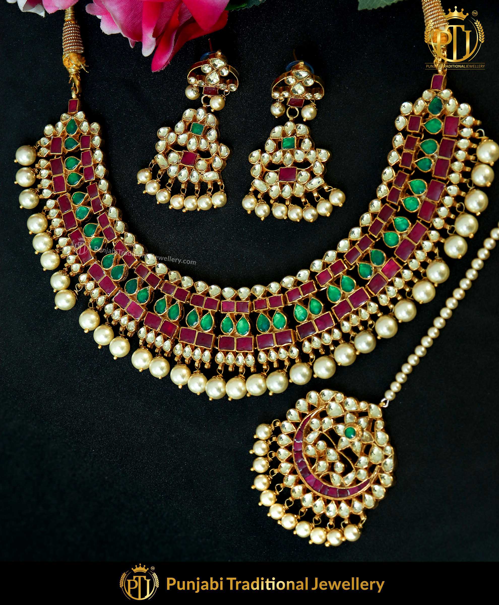 Kundan Rubby Emerald Pearl Bridal Necklace Set | Punjabi Traditional J ...