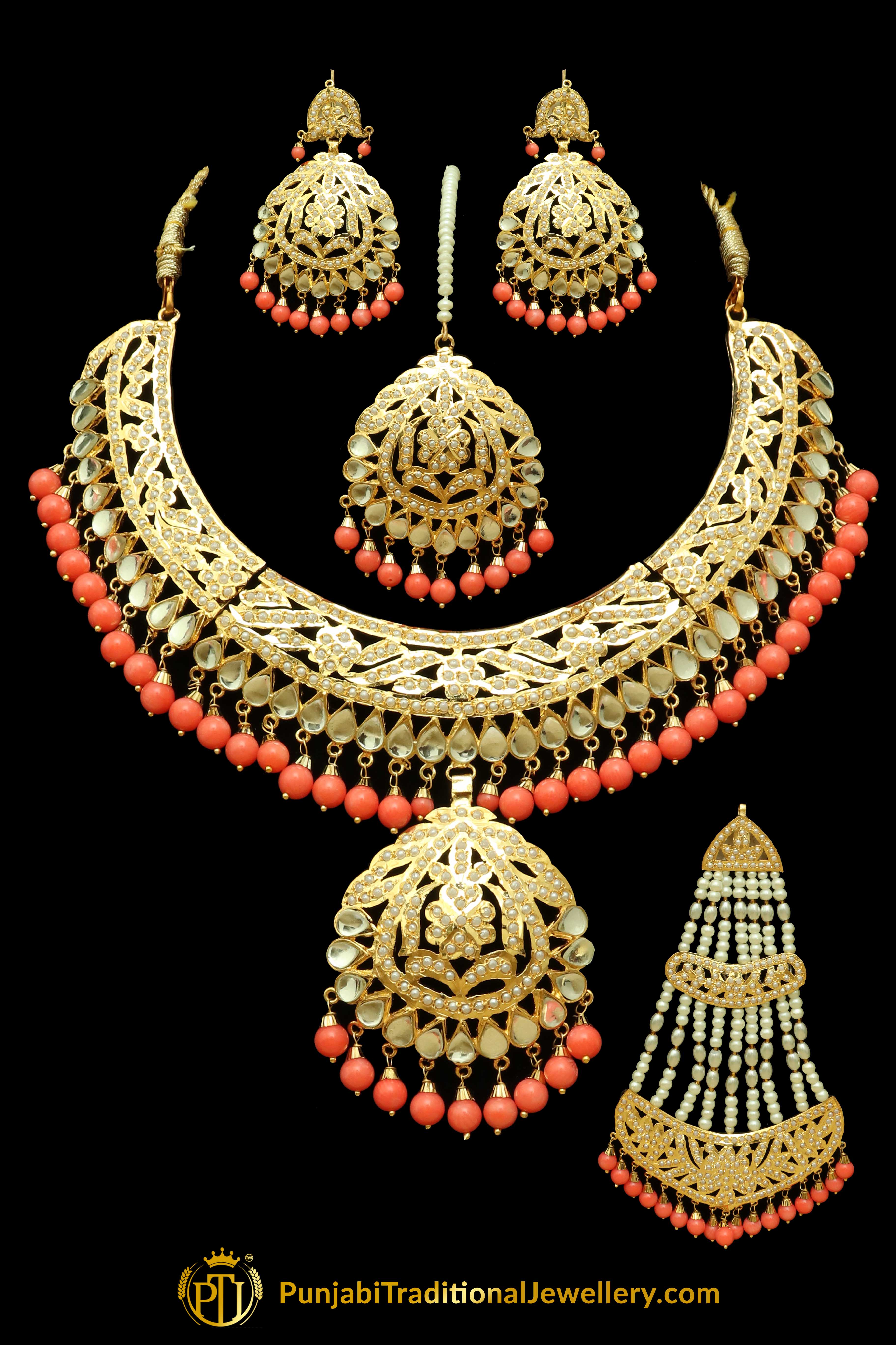 Orange Jadau Kundan Necklace Set With 