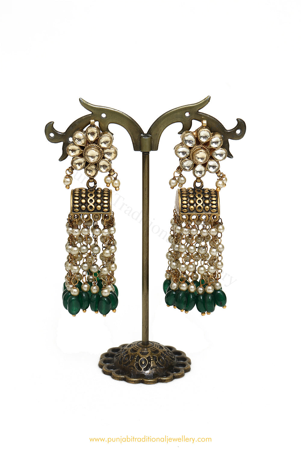 Antique Gold Finished Kundan Emerald Jhumki Earrings by PTJ