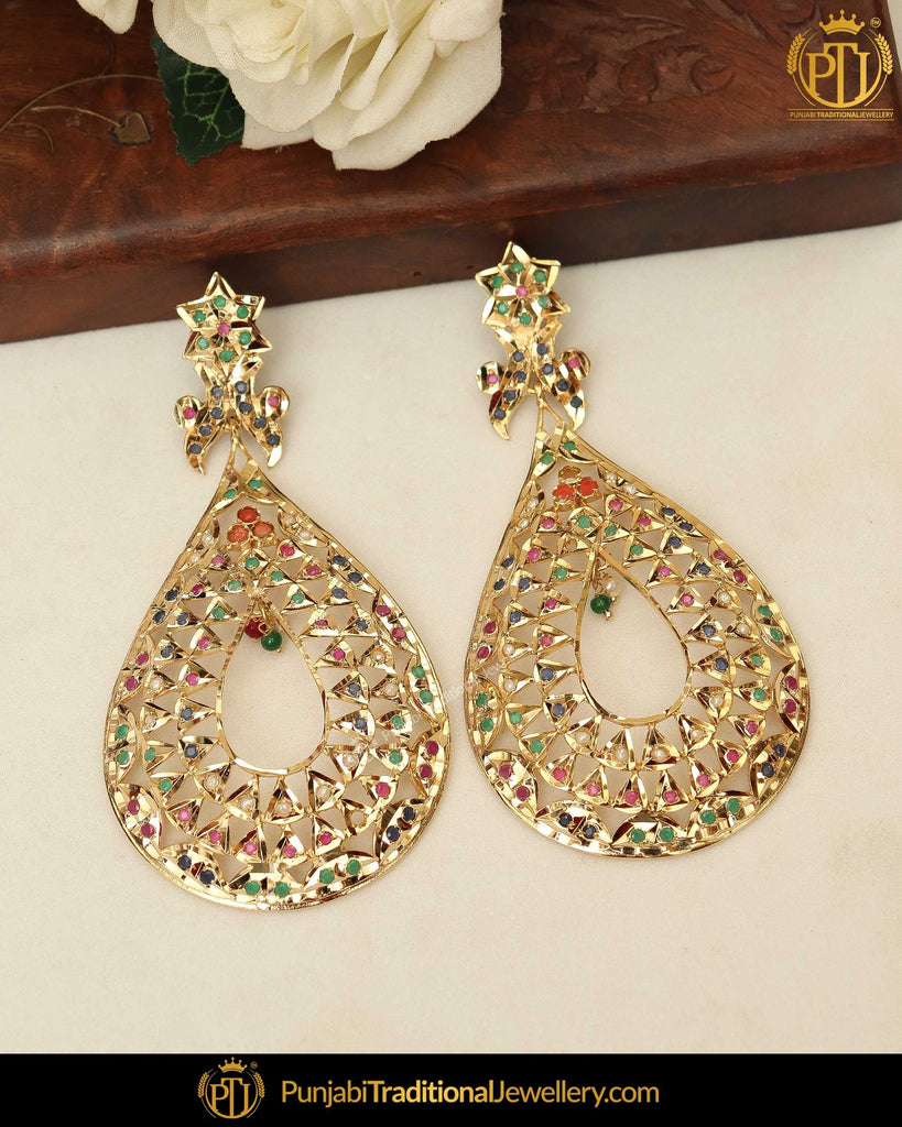 Gold Finished Navratan Jadau Pearl Earrings | Punjabi Traditional Jewellery Exclusive