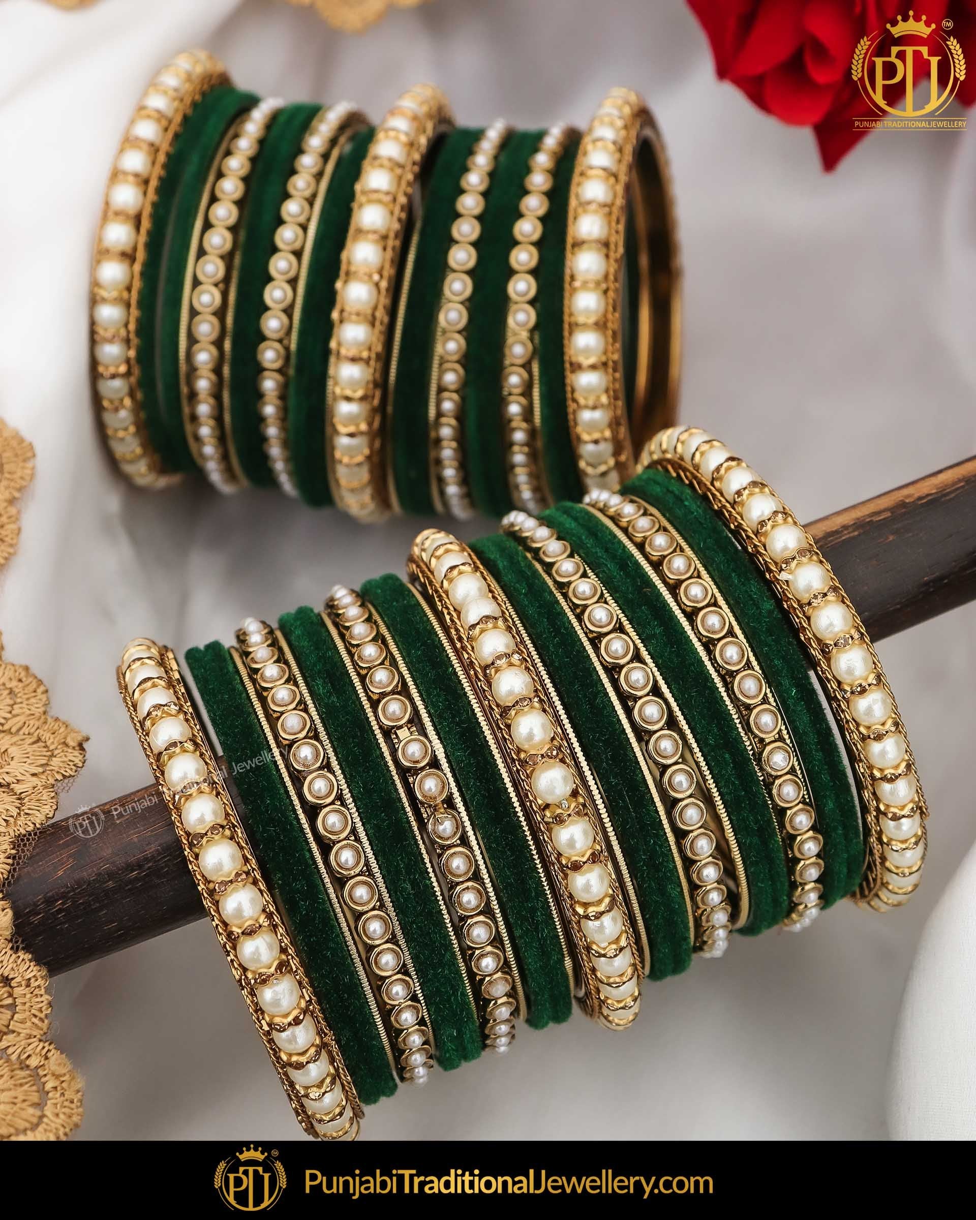 Green Thread Pearl Bangles Set Both Hand Pair Punjabi Traditional 