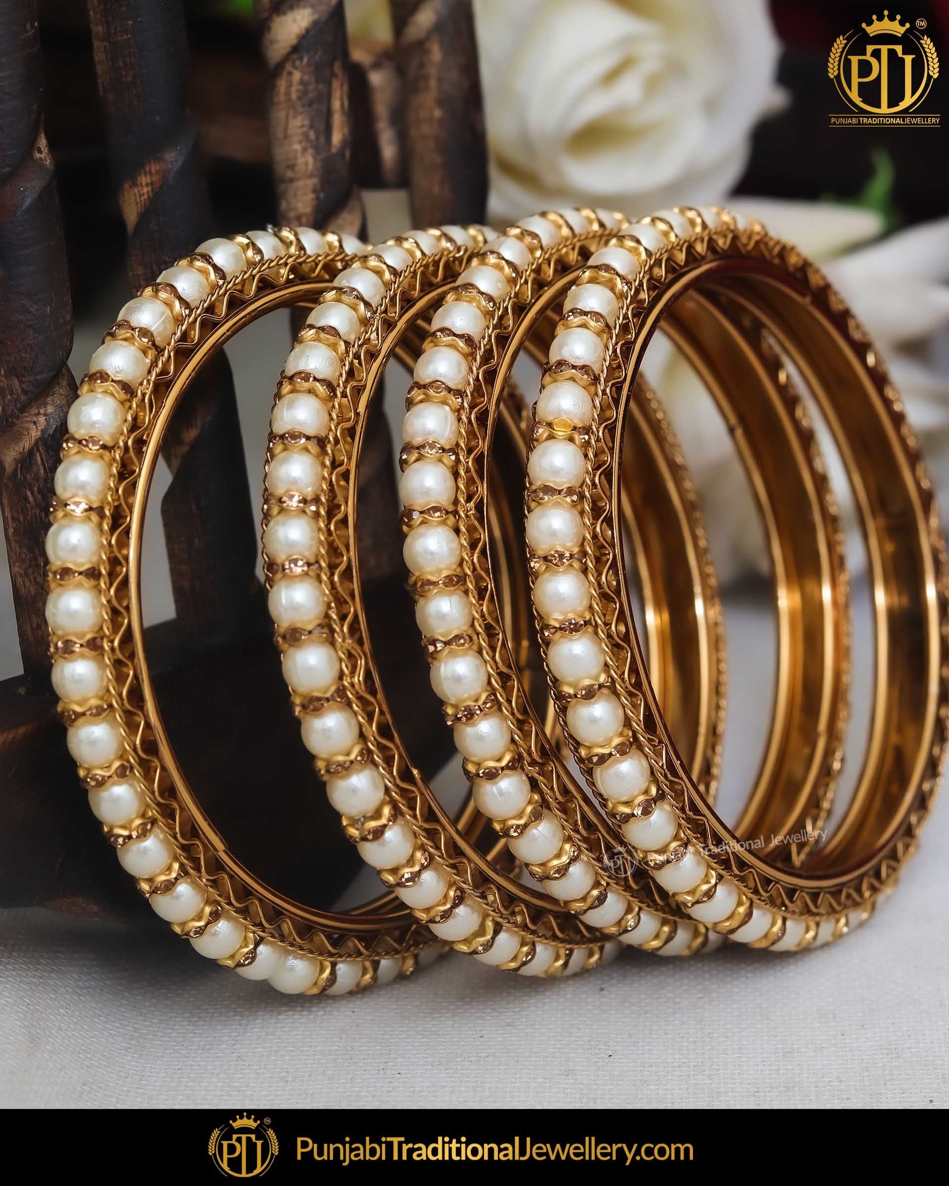 Antique Gold Finished Pearl Bangle Set Both Hand Pair Punjabi Trad Punjabi Traditional 