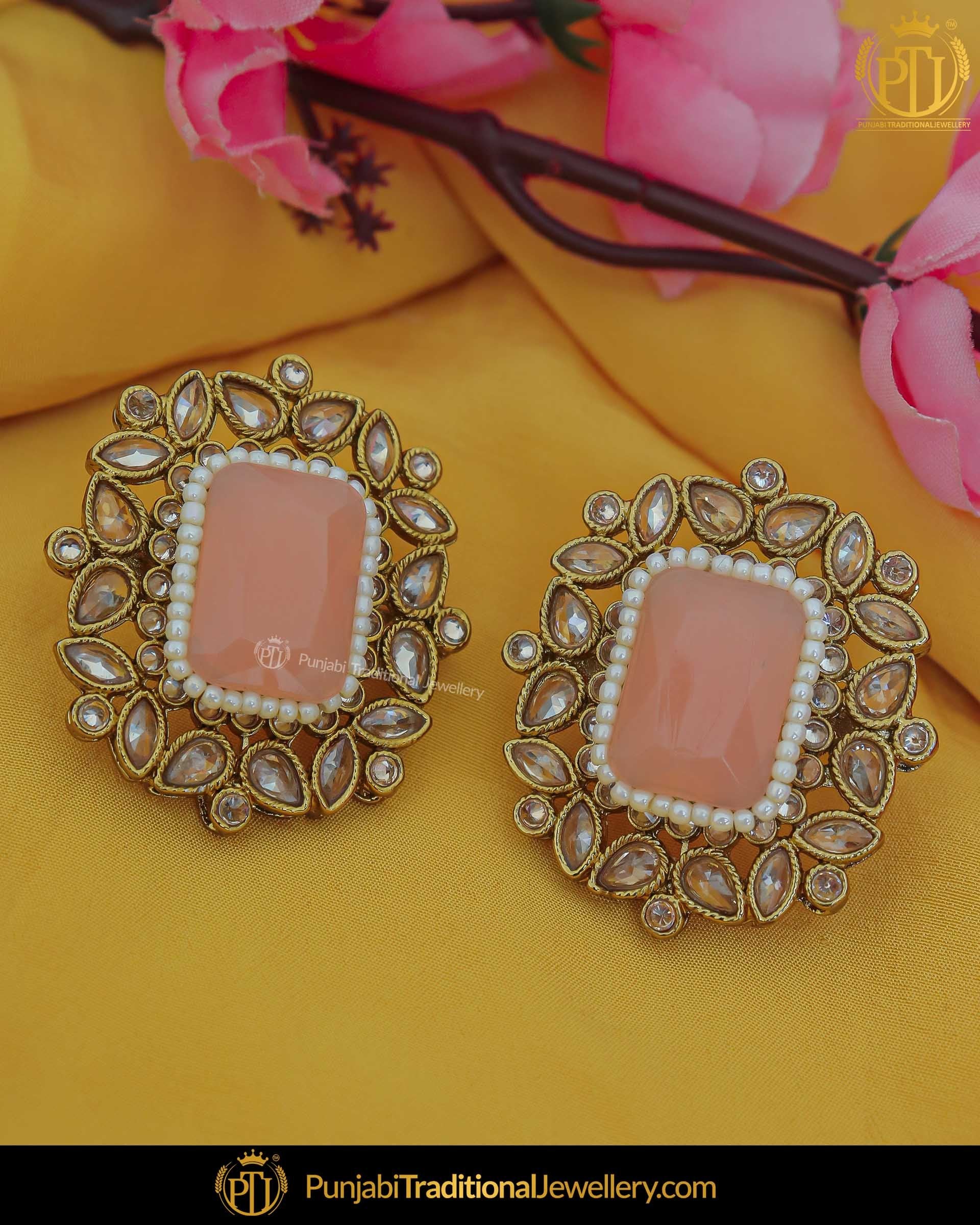 Shazmeen Small Earrings & Tikka set - Peach – SOKORA JEWELS