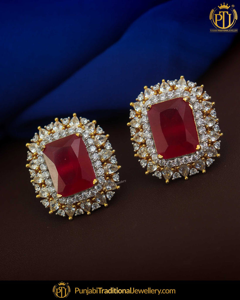 Gold Finished Rubby American Diamond Stud Earrings Punjabi