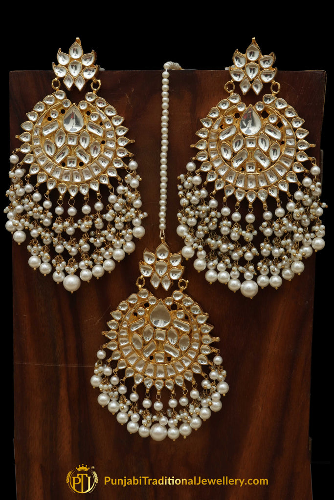 Golden Kundan Pearl Earring Tikka Set 