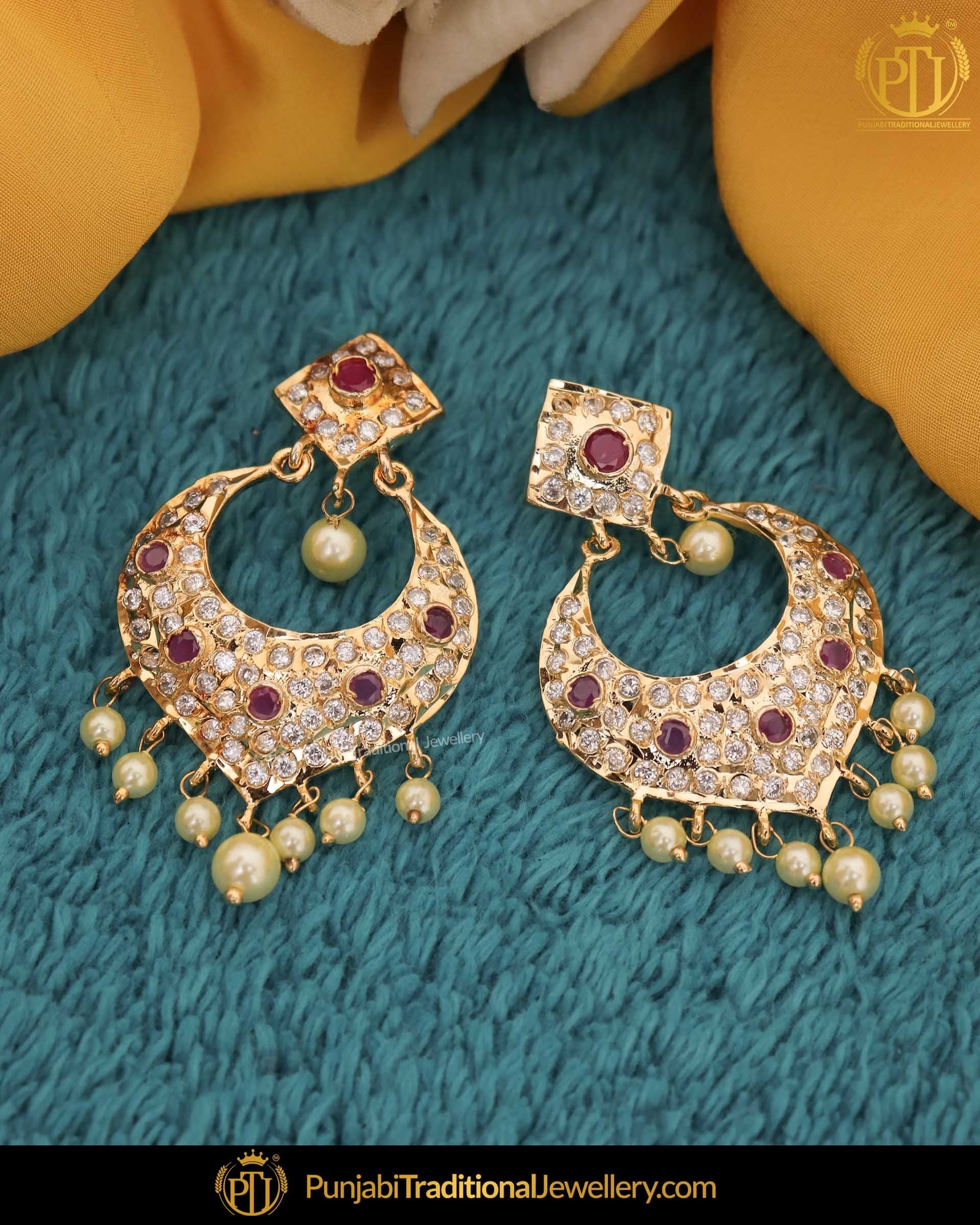 Gold Finished Rubby Jercon Pearl Earrings | Punjabi Traditional Jewell ...
